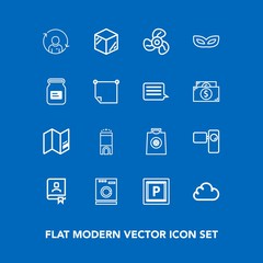 Modern, simple vector icon set on blue background with laundry, road, vehicle, retail, box, appliance, tripod, video, fan, car, business, movie, refresh, machine, template, fashion, quality, map icons