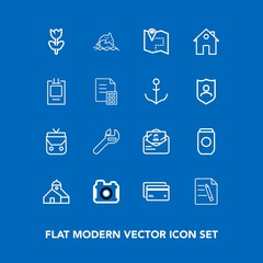 Modern, simple vector icon set on blue background with spring, object, post, nature, equipment, location, style, container, spanner, file, document, tool, metal, wildlife, map, wrench, ocean icons