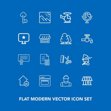 Modern, simple vector icon set on blue background with oven, travel, aircraft, kitchen, diploma, money, template, business, key, bbq, photography, salon, worker, builder, banking, air, equipment icons