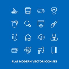 Modern, simple vector icon set on blue background with page, science, transport, balance, bus, road, pole, book, folk, speed, people, loudspeaker, music, left, magnetic, home, undersea, boat icons