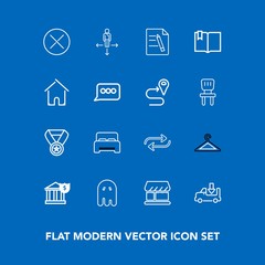 Modern, simple vector icon set on blue background with shop, ghost, success, bank, finance, transportation, concept, paper, prize, lorry, scary, horror, place, substitute, sign, fear, change icons
