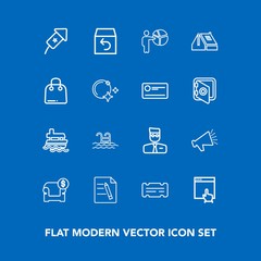 Modern, simple vector icon set on blue background with ocean, delivery, box, voice, water, mouse, user, event, pool, couch, loud, background, vessel, sound, document, holiday, order, boat, ship icons