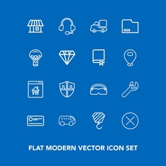 Modern, simple vector icon set on blue background with move, file, microphone, tool, support, headset, payment, glasses, truck, direction, parachute, finance, bus, transportation, shield, house icons