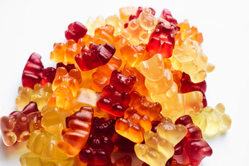 Colorful gummy bears, fruit gum candies, on white background
