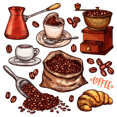 Coffee Color Hand Drawn Collection. Vector Sketch Illustration Set With Turk, Cups, Coffee Bag With Beans, Croissant, Coffee Mill