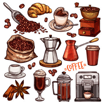 Coffee Color Hand Drawn Collection. Vector Sketch Illustration Set With Turk, Cups, Coffee Bag With Beans, Croissant, Coffee Mill,Coffee Maker, Kettle, Cups, Latte, Cinnamon, Star Anise