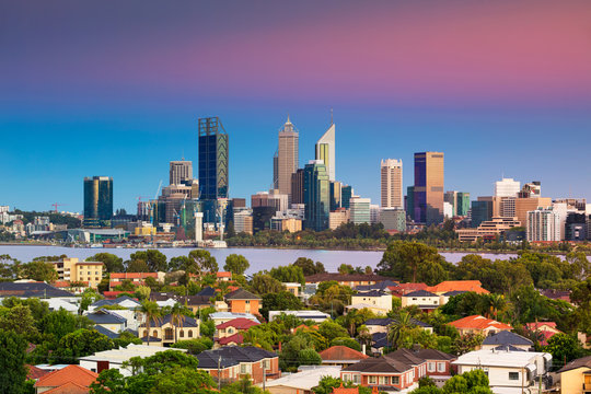 Perth. Cityscape image of Perth skyline, Australia during during sunrise taken from South Perth.