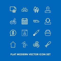 Modern, simple vector icon set on blue background with office, nature, pen, weapon, festival, food, male, house, estate, tag, grass, lipstick, label, beauty, frame, fan, celebration, park, party icons