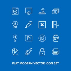 Modern, simple vector icon set on blue background with protection, bucket, science, map, cash, web, sign, lady, online, woman, scale, fahrenheit, launch, button, space, currency, money, building icons