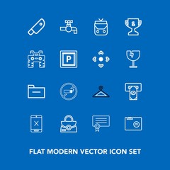 Modern, simple vector icon set on blue background with success, tobacco, style, cigarette, clothing, object, atm, file, addiction, connection, business, cord, diploma, clothes, paper, bank, meat icons