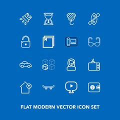 Modern, simple vector icon set on blue background with media, timer, extreme, taxi, house, sign, video, cash, skate, wallet, vehicle, office, building, purse, replacement, television, package icons