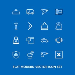 Modern, simple vector icon set on blue background with medical, vehicle, ambulance, loud, house, taxi, closed, road, message, map, car, drill, email, property, voice, transportation, navigation icons