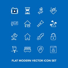 Modern, simple vector icon set on blue background with sound, security, photographer, music, guitar, bed, white, estate, sand, presentation, technology, success, property, sword, architecture icons