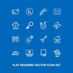 Modern, simple vector icon set on blue background with technology, elegance, musical, house, yacht, frame, setting, white, hanger, doorknob, sea, book, vehicle, cash, dump, finance, circle, boat icons