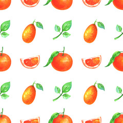 Hand painted minimalist seamless fruit pattern. Watercolor slices and whole mandarin, kumquat and green leaf isolated on white background