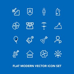 Modern, simple vector icon set on blue background with celebration, instrument, display, male, horse, game, air, building, man, white, upstairs, satellite, , computer, label, communication, home icons