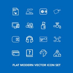 Modern, simple vector icon set on blue background with supermarket, tape, list, card, call, purse, graphic, sign, ironing, audio, finance, headset, stereo, cassette, web, sound, clothes, office icons