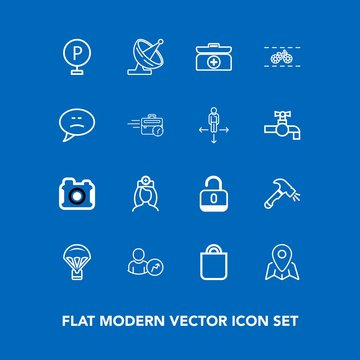Modern, simple vector icon set on blue background with antenna, doctor, travel, shovel, care, car, box, photo, photographer, gift, technology, urban, web, business, nurse, satellite, parachuting icons