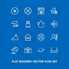 Modern, simple vector icon set on blue background with shop, cancel, table, sign, landscape, plan, trolley, no, mountain, technology, astronomy, retail, laboratory, office, business, emergency icons