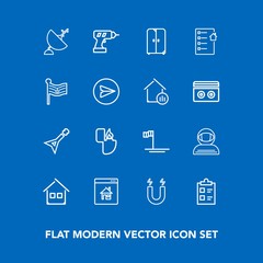 Modern, simple vector icon set on blue background with drill, hand, mark, spacesuit, antenna, building, technology, satellite, real, music, machine, field, flame, guitar, baja, cigarette, white icons