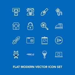 Modern, simple vector icon set on blue background with frame, vintage, blade, sword, machine, chair, phone, hobby, ball, paper, message, blank, knight, communication, atm, armchair, web, seat icons