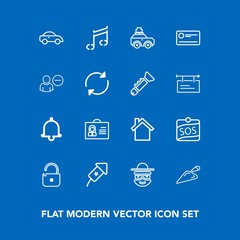 Modern, simple vector icon set on blue background with background, sound, protection, security, alert, event, telephone, festival, bell, cell, suitcase, profile, holiday, car, woman, mobile, bag icons