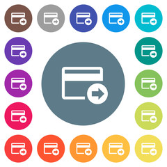Send money with credit card flat white icons on round color backgrounds
