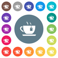 Cup of tea with teabag flat white icons on round color backgrounds