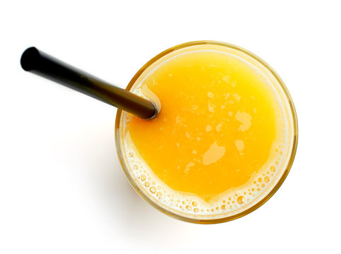 Glass Of Fresh Orange Juice Isolated On White, From Above