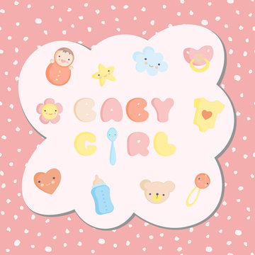 Set of colorful baby girl toys with seamless background. Vector illustration © Yuliya
