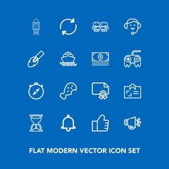 Modern, simple vector icon set on blue background with timer, search, tower, voice, id, south, award, time, find, compass, sound, internet, certificate, identity, loudspeaker, big, alarm, card icons
