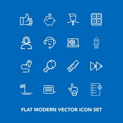 Modern, simple vector icon set on blue background with business, audio, winner, gold, mexico, document, good, ocean, button, medal, gesture, investment, location, saw, index, chicken, success icons