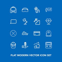 Modern, simple vector icon set on blue background with summer, web, alien, cartoon, boat, stereo, fun, joy, debit, real, kite, increase, character, tree, ship, clean, sound, container, growth icons
