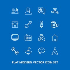 Modern, simple vector icon set on blue background with camp, finance, technology, business, communication, screen, adventure, faucet, architecture, travel, house, sink, sewing, currency, money icons