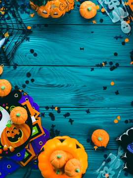 Halloween party symbol decorations frame - pumpkins, sweets, skeletons, spiders, web, dark confetti. Holiday invitation frame