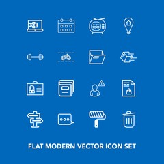 Modern, simple vector icon set on blue background with calendar, day, tv, female, schedule, communication, education, trash, antenna, recycling, list, brush, person, video, library, online, bin icons