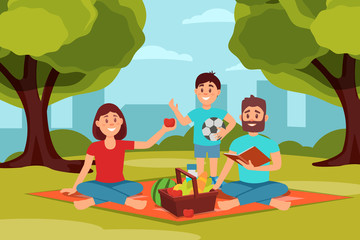 Family on picnic in park. Parents sitting on blanket, kid holding ball. Green trees, bushes and city buildings on background. Flat vector design