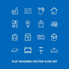 Modern, simple vector icon set on blue background with banner, box, suitcase, order, poster, shorts, sign, handle, astronomy, container, leather, juice, wine, clean, style, finance, luggage, bag icons