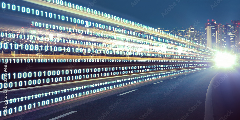 Poster Digital signals flying over highway. Digital transformation. Internet of Things. 