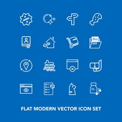 Modern, simple vector icon set on blue background with moon, cargo, browser, ship, mask, chicken, food, sign, box, medicine, vitamin, vessel, boat, arrow, delivery, pharmacy, star, way, discount icons