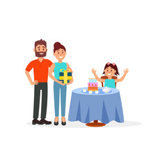Cheerful girl sitting behind table with her birthday cake. Parents standing near with gift. Flat vector illustration