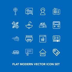Modern, simple vector icon set on blue background with spy, house, female, cooler, interface, air, player, fan, bus, transportation, late, vision, internet, diploma, success, architecture, sale icons