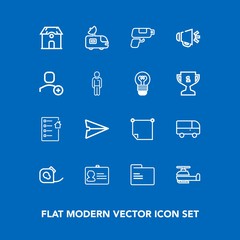 Modern, simple vector icon set on blue background with identification, real, antenna, document, paper, helicopter, tape, road, email, identity, contract, television, electrical, id, file, game icons