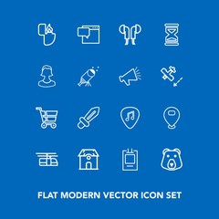 Modern, simple vector icon set on blue background with speech, bear, lighter, cigarette, sky, technology, chat, retail, sound, home, blade, object, sign, nature, flame, fire, label, musical, map icons