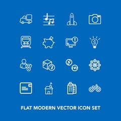 Modern, simple vector icon set on blue background with online, photo, launch, box, profile, home, lens, currency, musical, truck, cash, equipment, house, shuttle, nautical, package, ship, space icons