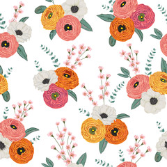 Seamless pattern with ranunculus flowers, spiral eucalyptus and alstroemeria. Decorative holiday floral background. Vintage vector illustration in watercolor style 