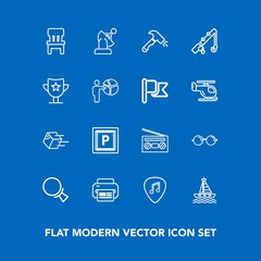 Modern, simple vector icon set on blue background with street, satellite, water, record, music, fishing, shipment, road, eye, construction, radio, comfortable, space, home, search, guitar, room icons