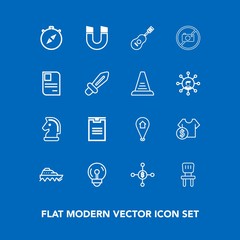 Modern, simple vector icon set on blue background with finance, money, shipping, electricity, delivery, chair, package, bulb, location, sea, compass, interior, game, north, energy, map, light icons
