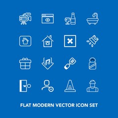 Modern, simple vector icon set on blue background with up, utensil, present, camera, ladder, download, lens, tripod, microphone, worker, web, spatula, escape, sign, white, box, holiday, exit icons
