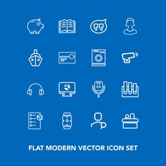 Modern, simple vector icon set on blue background with business, music, laboratory, search, time, economy, education, song, delivery, book, package, stereo, cargo, conference, web, public, hand icons